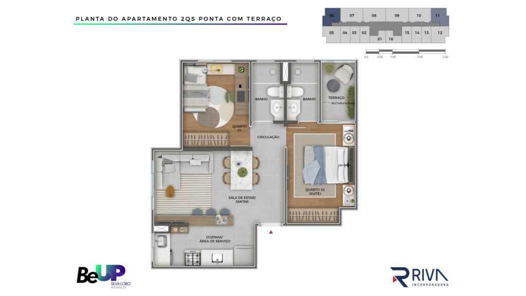 Planta 2 quartos Tipo Ponta com terraço