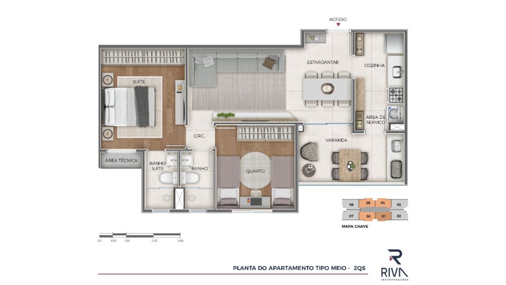 Planta do Apartamento 2 quartos com suíte 65,33 m² Tipo Meio