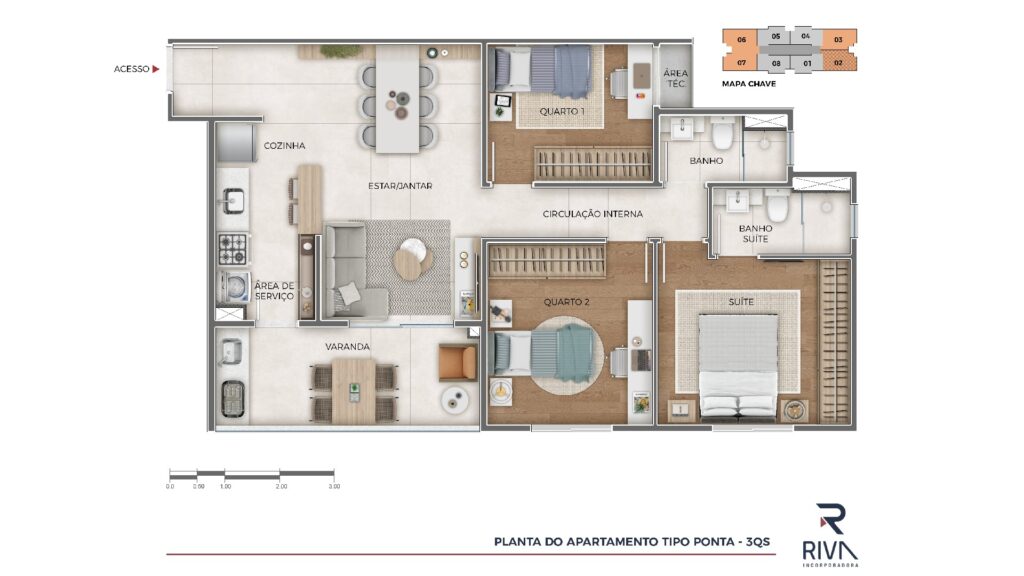 Planta do Apartamento 3 quartos com suíte 79,12 m² Tipo Ponta