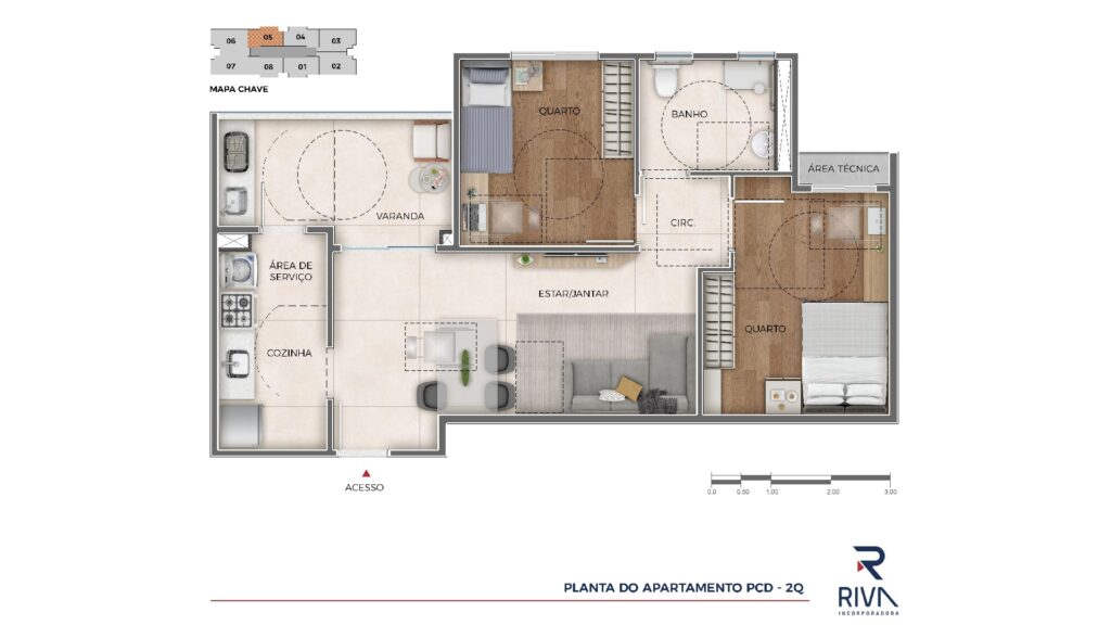 Planta do Apartamento 2 quartos PCD 65,33 m²