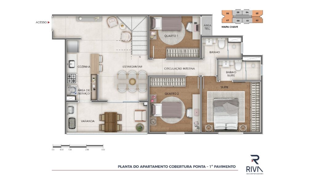 Planta da Cobertura Dúplex de 3 quartos com suíte 169,30 m² - 1° Pavimento