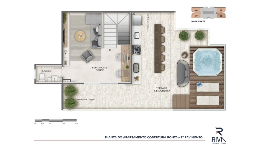 Planta da Cobertura Dúplex de 3 quartos com suíte 169,30 m² - 2° Pavimento