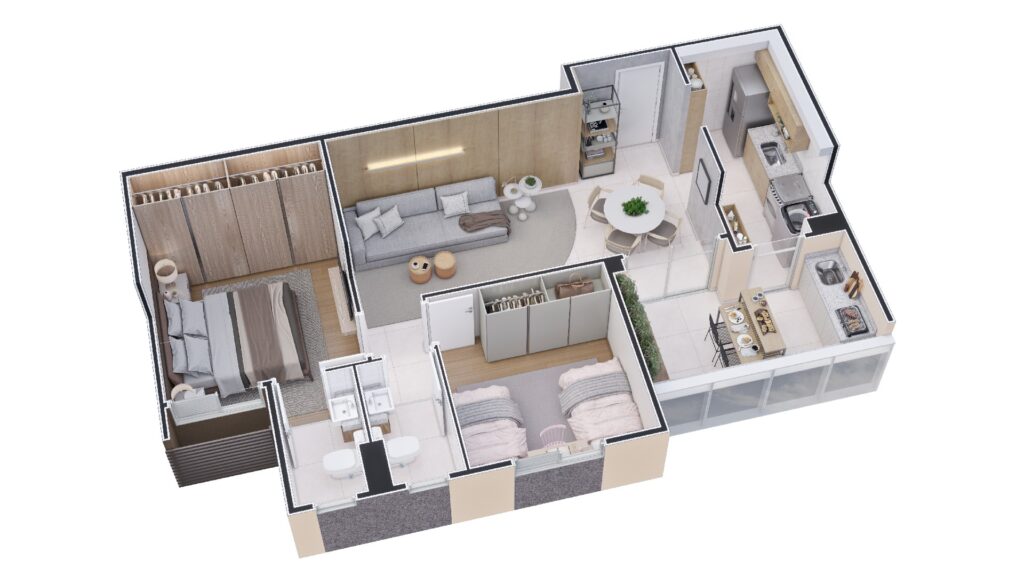 Planta 3d do Apartamento 2 quartos com suíte 65,33 m²
