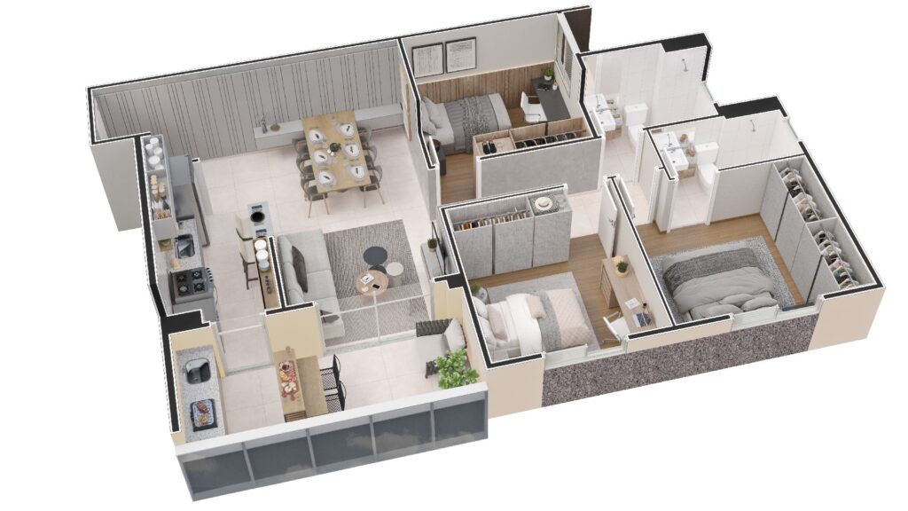 Planta 3d do Apartamento 3 quartos com suíte 79,12 m²