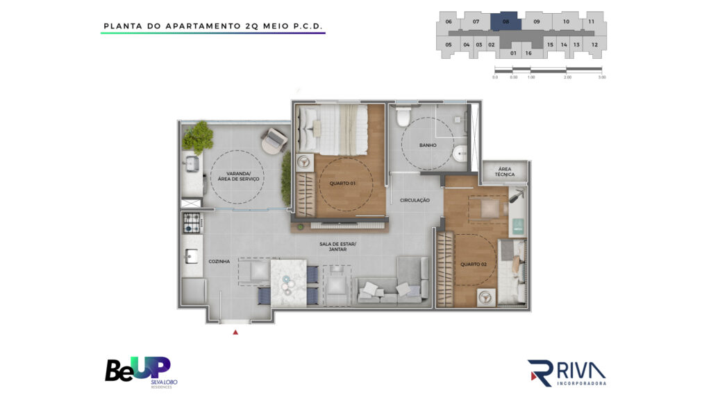 Planta Meio 2 quartos PCD