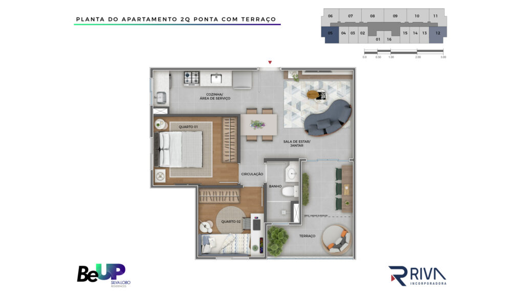 Planta Meio 2 quartos Ponta com Terraço