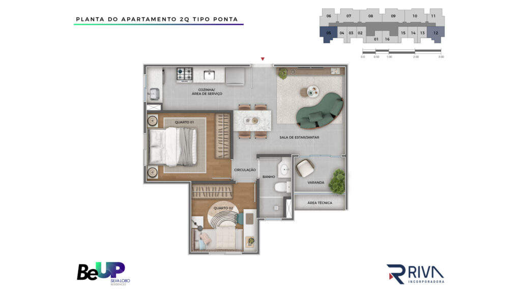 Planta Meio 2 quartos Tipo Ponta