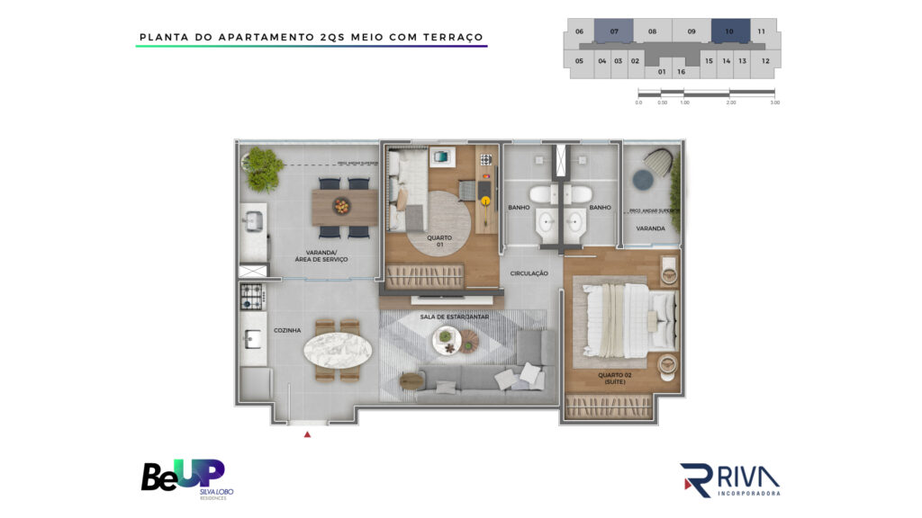 Planta Meio 2 quartos com terraço