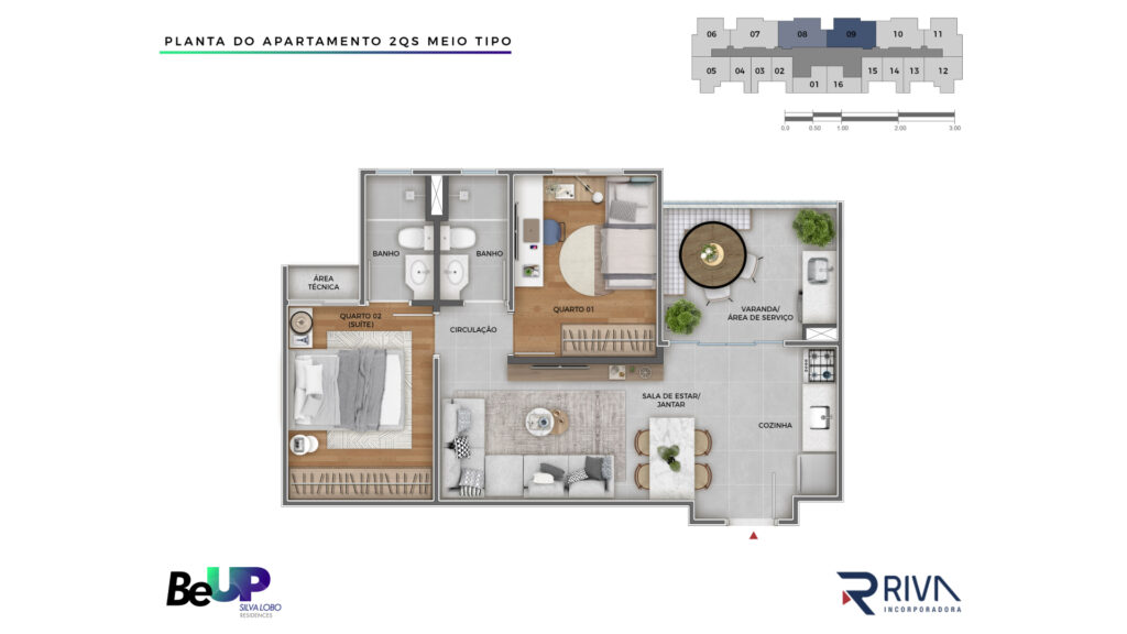 Planta Tipo Meio 2 quartos