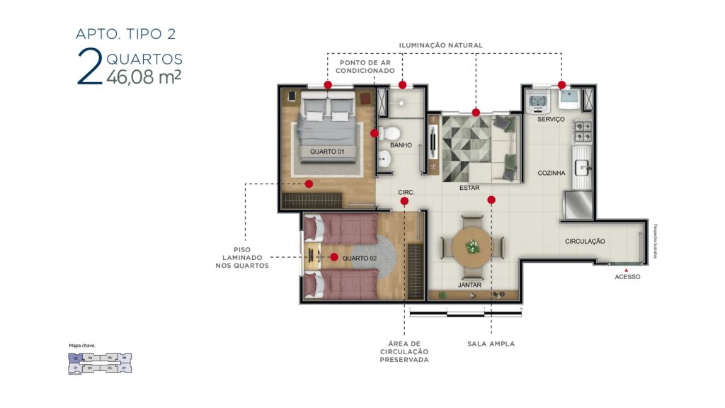 2 Quartos - 46,08 m²