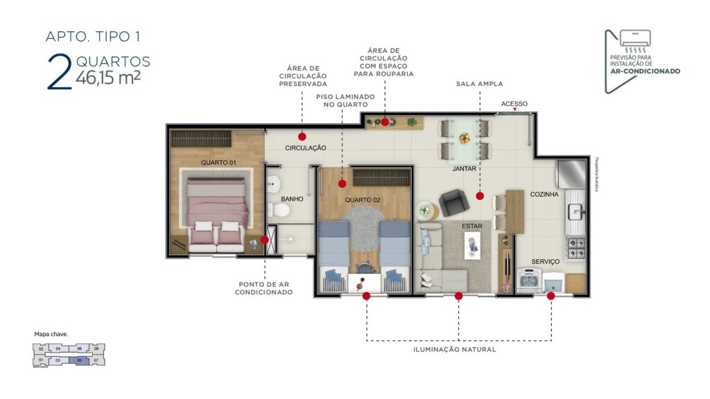 2 Quartos - 46,15 m²