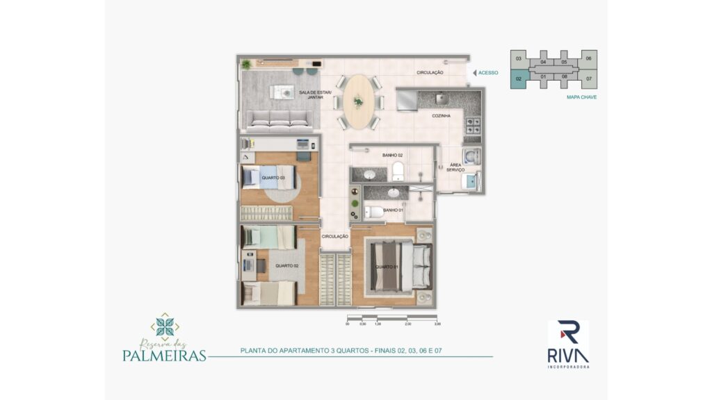 Planta tipo 3 quartos