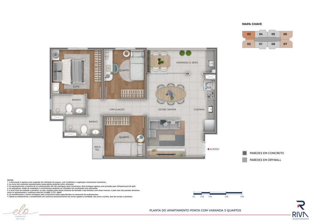 Elo Paradise Planta do APT Ponta com Varanda 3 Quartos