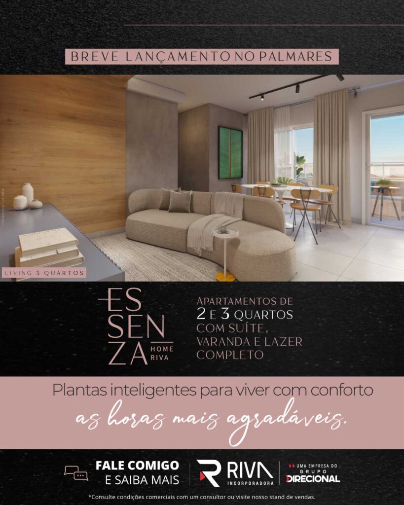 Breve lançamento Essenza - Home Riva - Living 3 quartos